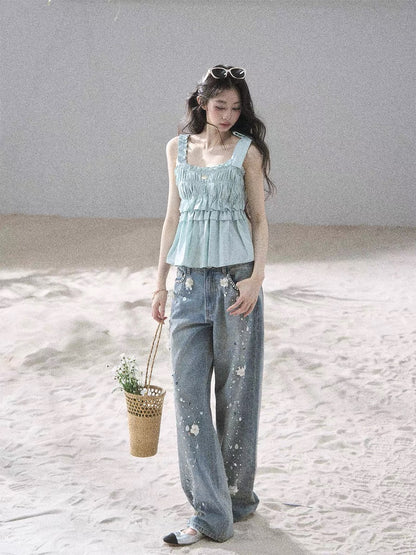 AOMALM's "Unique Gentleness" French Sweet Pleated T-Shirt for Women, Summer Short Top with Ruffled Edges