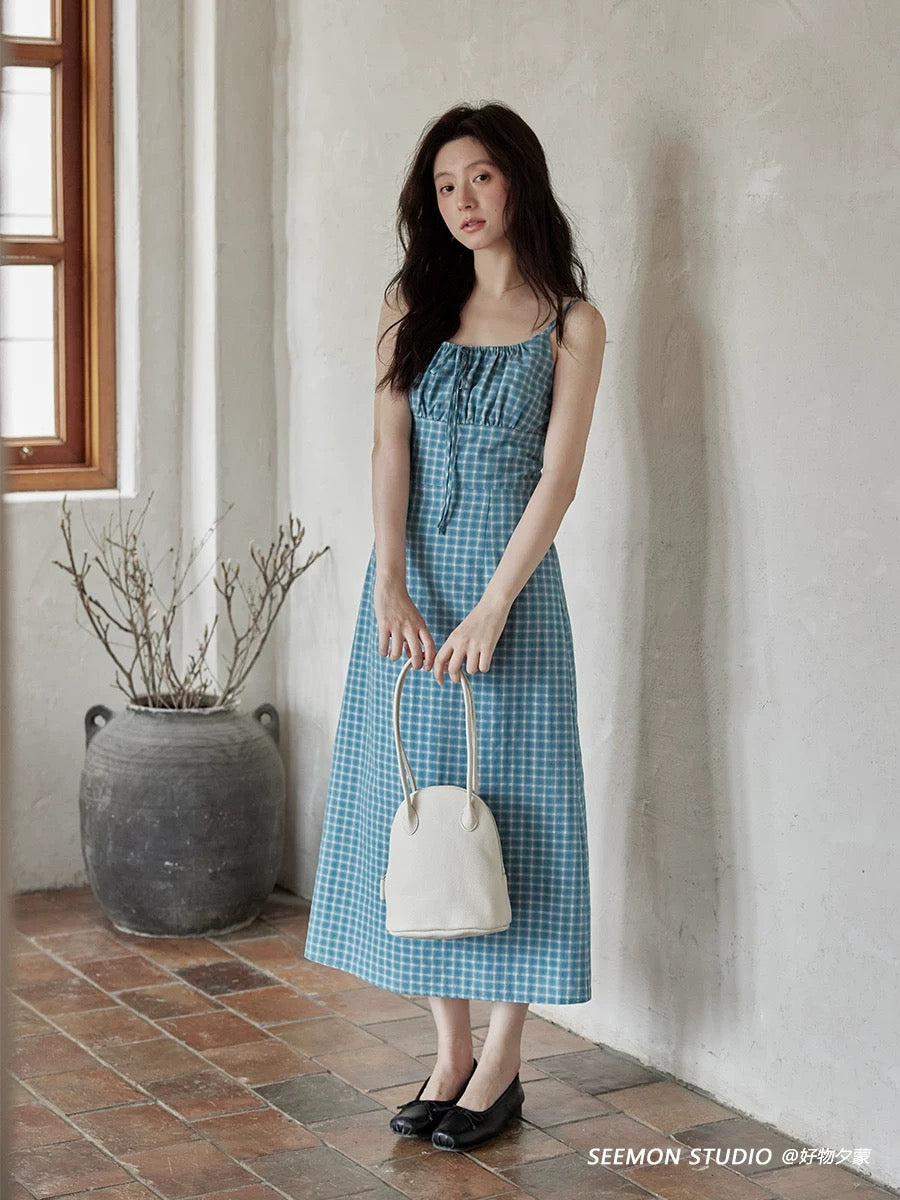 Ximeng 2025 new summer Korean sleeveless temperament skirt high-end small blue plaid suspender dress female