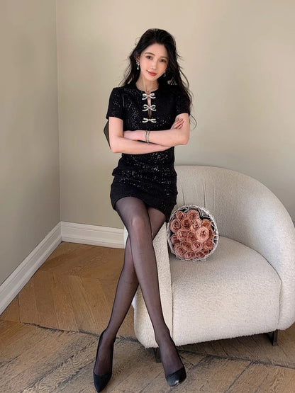 French socialite Xiao Xiangfeng miu style miu style high-end dress black wool slimming dress