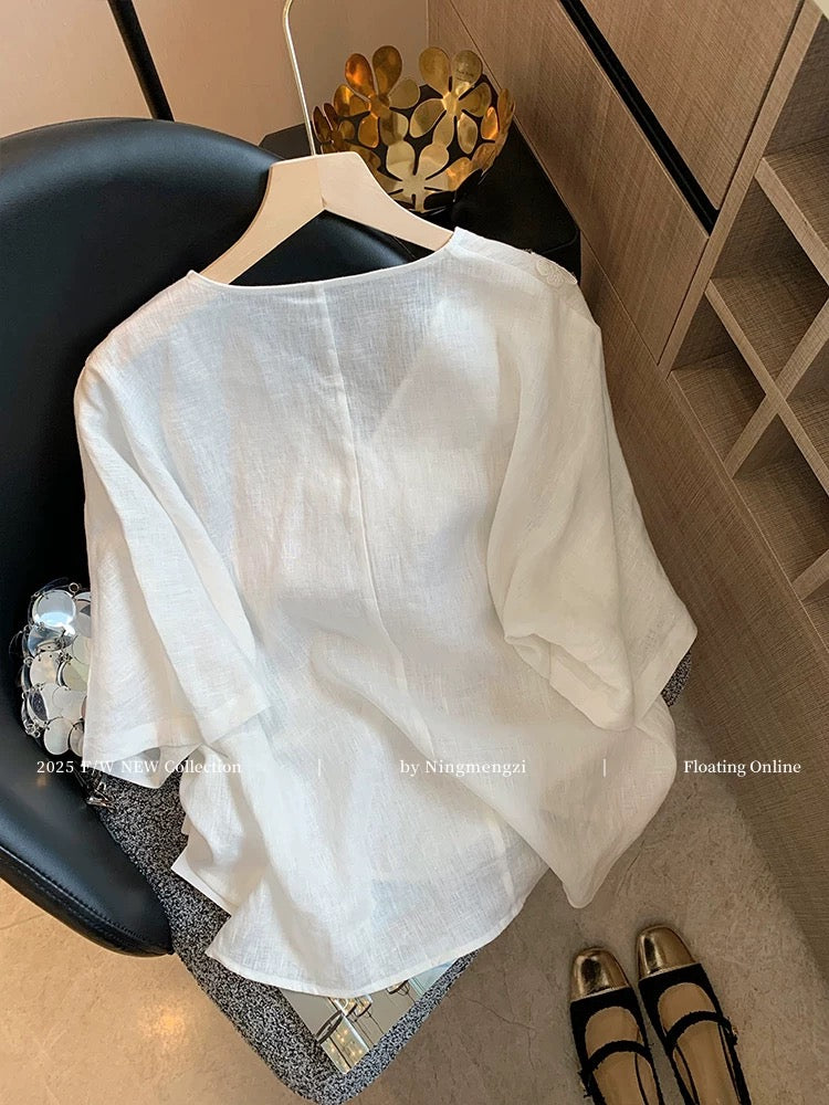 New Chinese style sequined embroidered V-neck linen short-sleeved T-shirt for women, 2025 summer new style, simple, elegant and versatile, Chinese style T-shirt