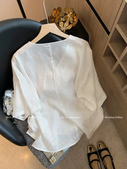New Chinese style sequined embroidered V-neck linen short-sleeved T-shirt for women, 2025 summer new style, simple, elegant and versatile, Chinese style T-shirt