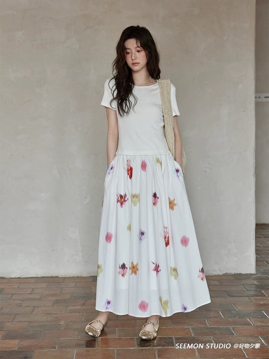 Ximeng 2025 new summer Korean style slim skirt high-end age-reducing niche white printed short-sleeved dress
