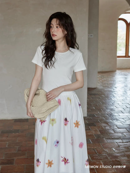 Ximeng 2025 new summer Korean style slim skirt high-end age-reducing niche white printed short-sleeved dress