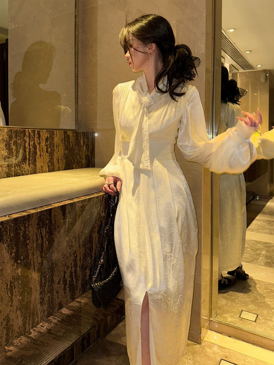 Feng Yu Xun/Yu Ren Lai Original imitation acetate silk jacquard dress female spring French elegant waist long dress