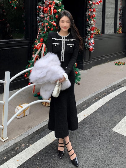 New winter women's clothing with small fragrance, slim fit, black elastic long-sleeved knitted dress with long skirt inside