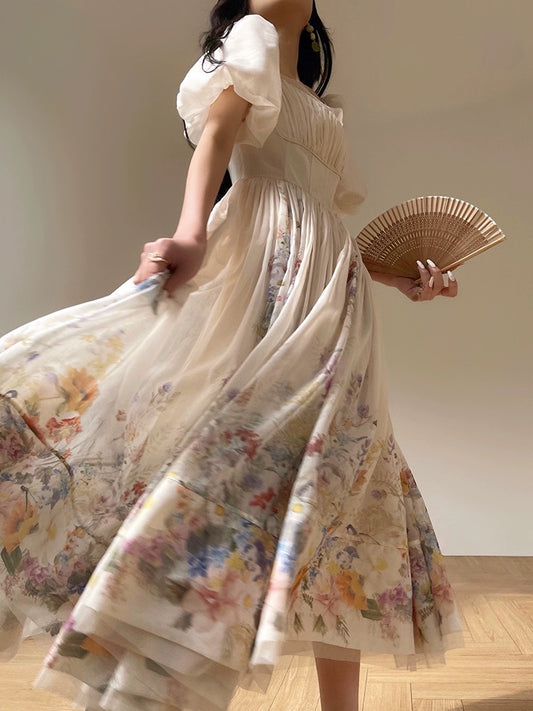 Aconiconi｜Midie Chunchen French printed holiday long dress with slim waist and large hem princess dress