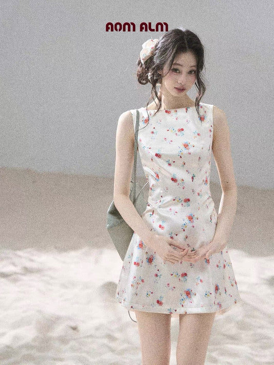 AOMALM's "Starting with a Bouquet" French Floral Satin Dress for Women, Summer Puff Skirt/Mini Skirt