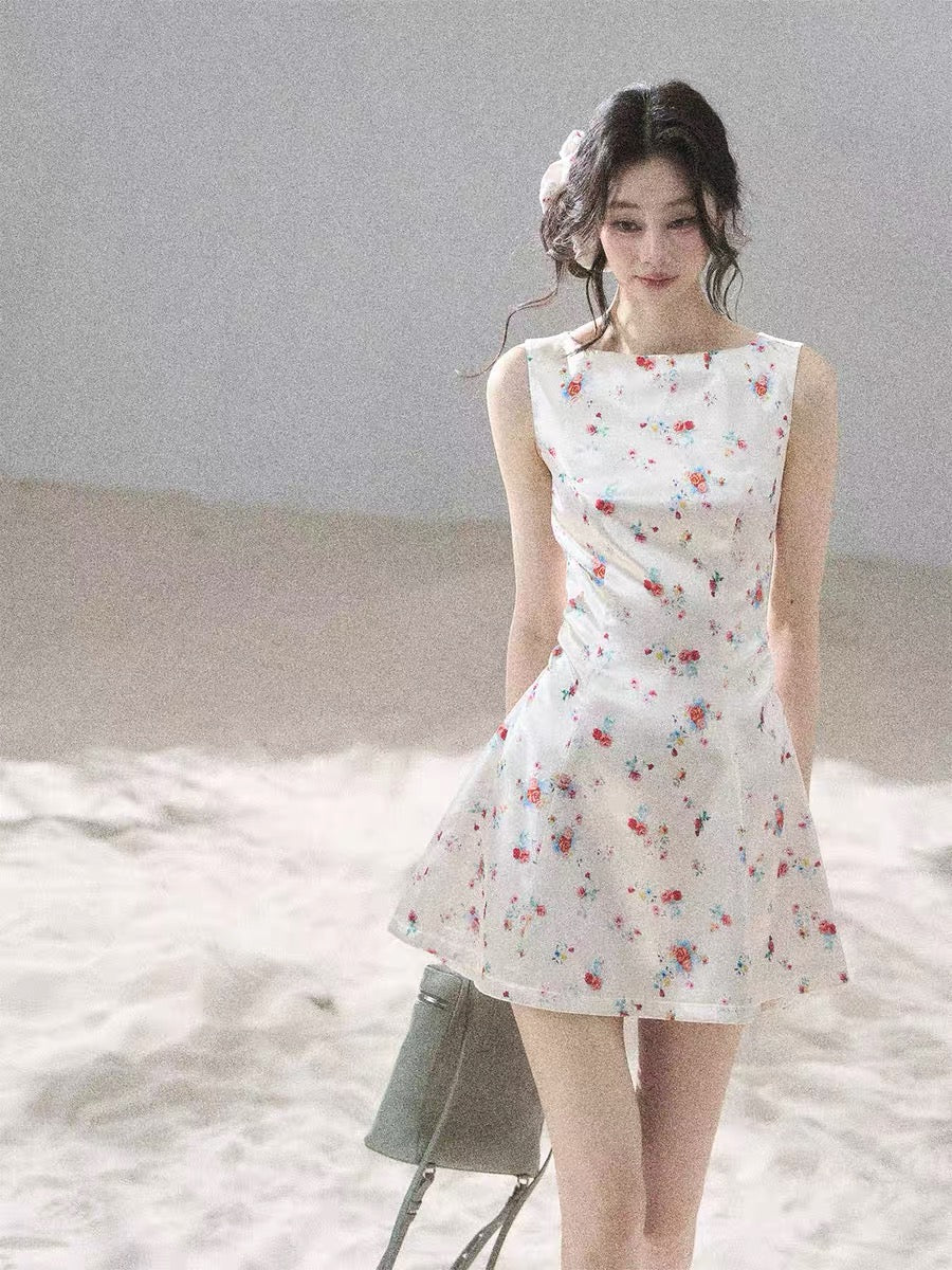 AOMALM's "Starting with a Bouquet" French Floral Satin Dress for Women, Summer Puff Skirt/Mini Skirt
