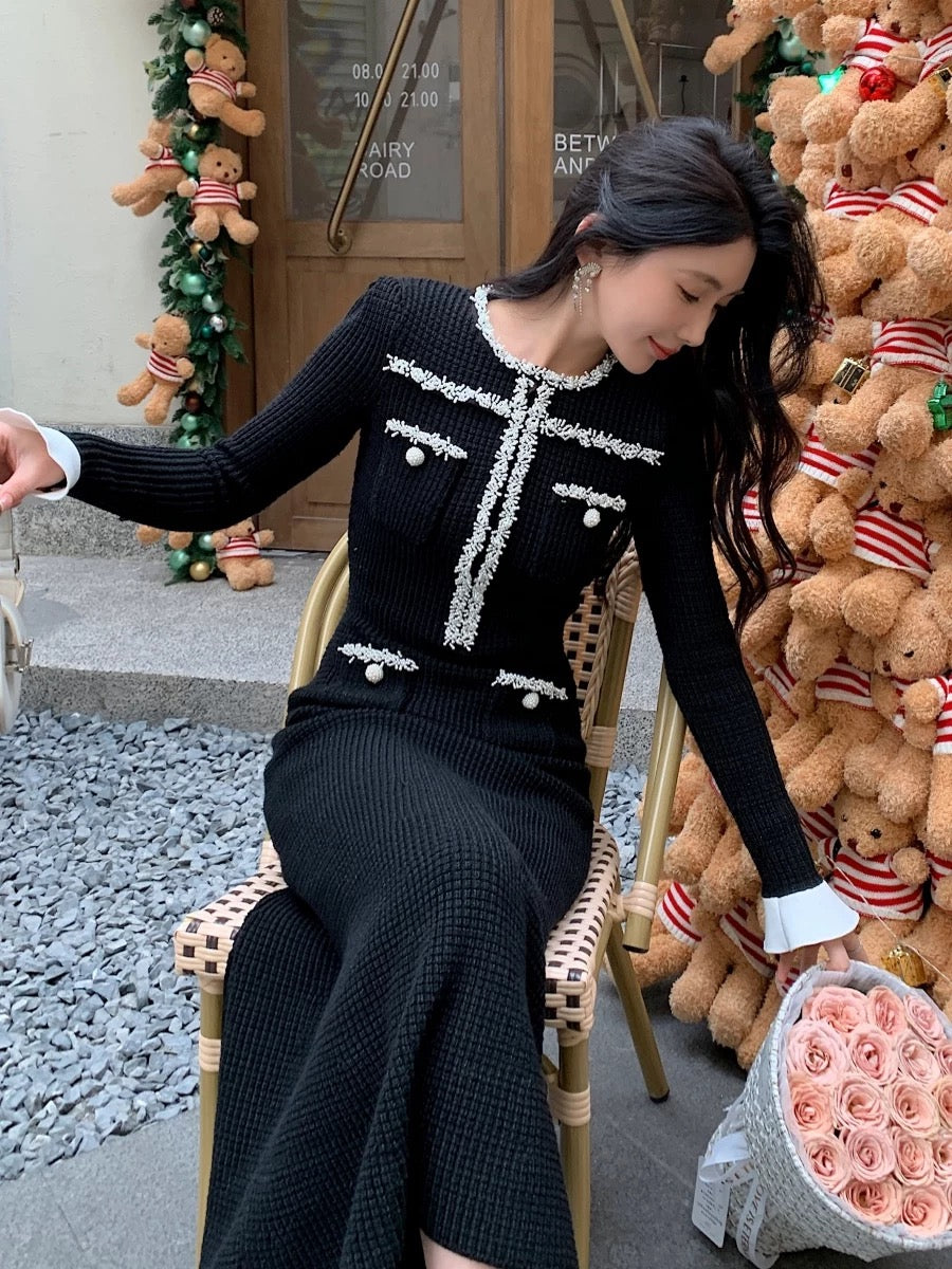 New winter women's clothing with small fragrance, slim fit, black elastic long-sleeved knitted dress with long skirt inside