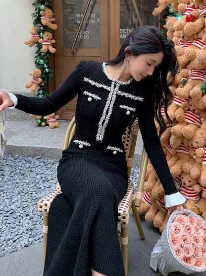 New winter women's clothing with small fragrance, slim fit, black elastic long-sleeved knitted dress with long skirt inside