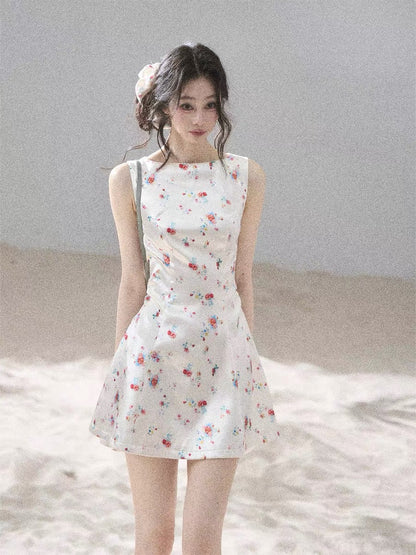 AOMALM's "Starting with a Bouquet" French Floral Satin Dress for Women, Summer Puff Skirt/Mini Skirt