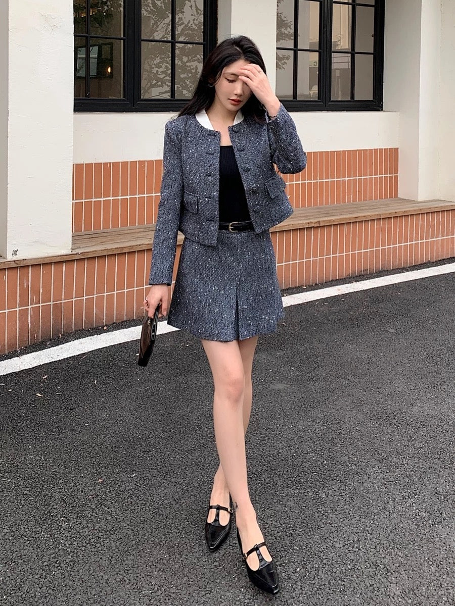 Temperament commuting woolen short cardigan, small fragrant jacket, high waist skirt, miu lining, miu style outfit