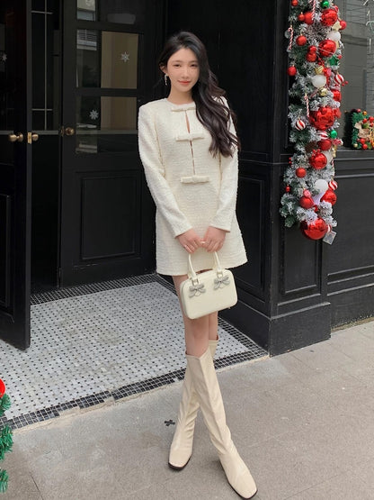 New autumn and winter women's bow long-sleeved white woolen French style dress high-end birthday skirt