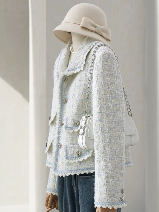 4U4U 2024 early spring new blue and white tweed short coat for women gentle and sweet temperament love button top