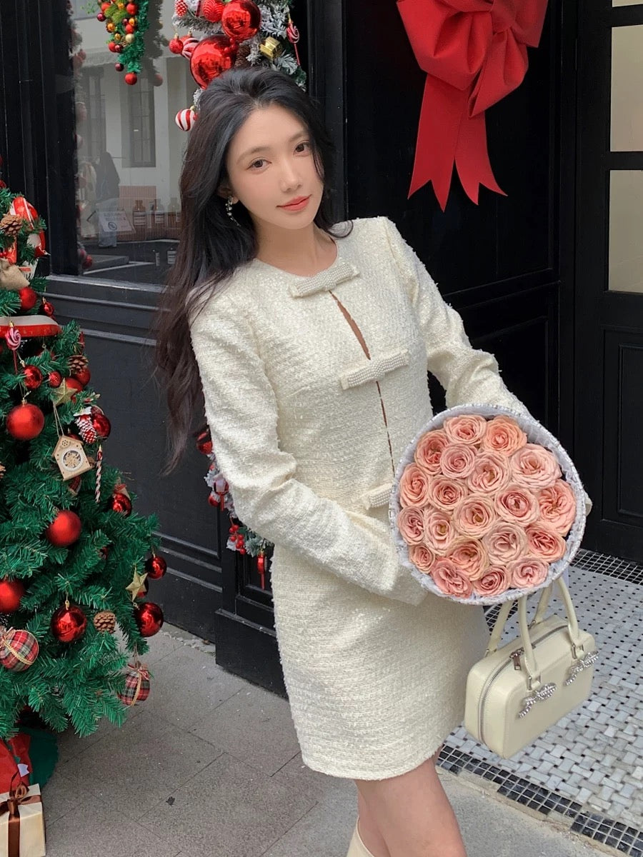 New autumn and winter women's bow long-sleeved white woolen French style dress high-end birthday skirt
