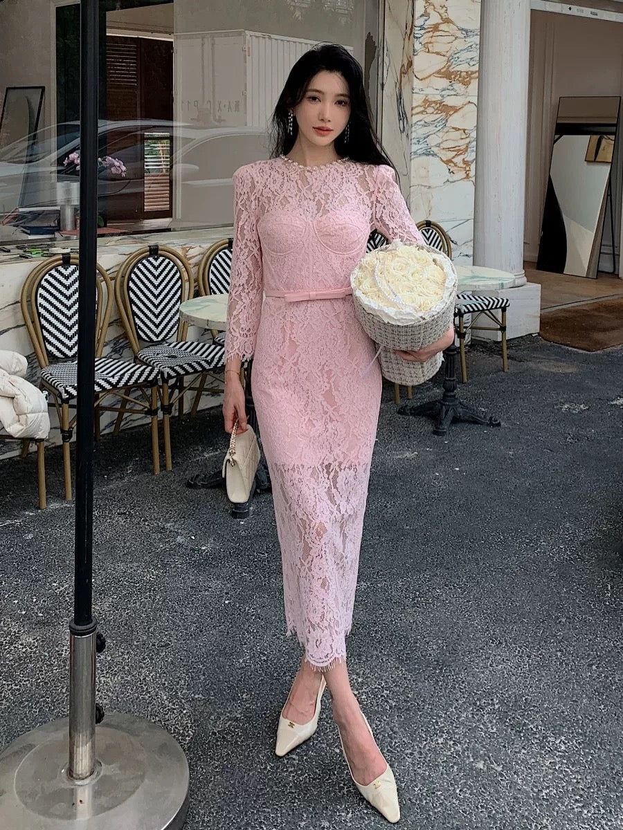 New women's French retro high-end elegant eyelash lace dress high-waisted slim long skirt dress