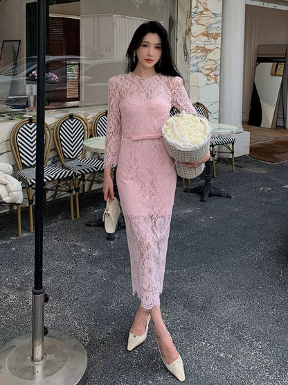 New women's French retro high-end elegant eyelash lace dress high-waisted slim long skirt dress