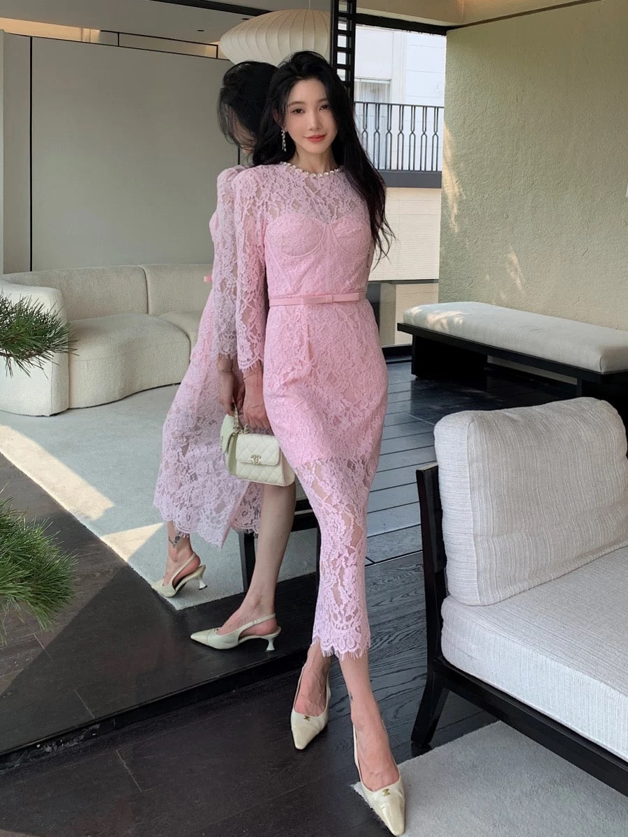 New women's French retro high-end elegant eyelash lace dress high-waisted slim long skirt dress