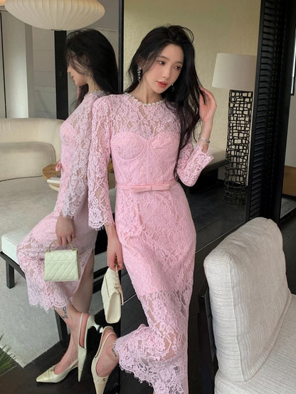 New women's French retro high-end elegant eyelash lace dress high-waisted slim long skirt dress