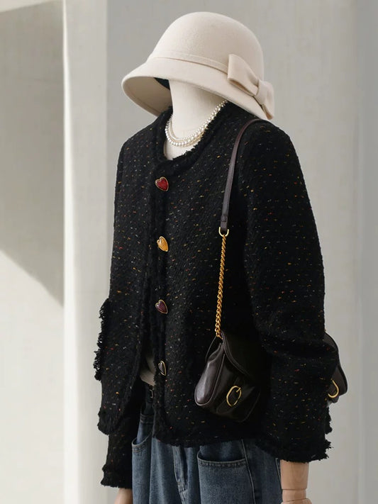4U4U 2024 spring new style black small fragrant short coat for women French chic heart-shaped button tweed top