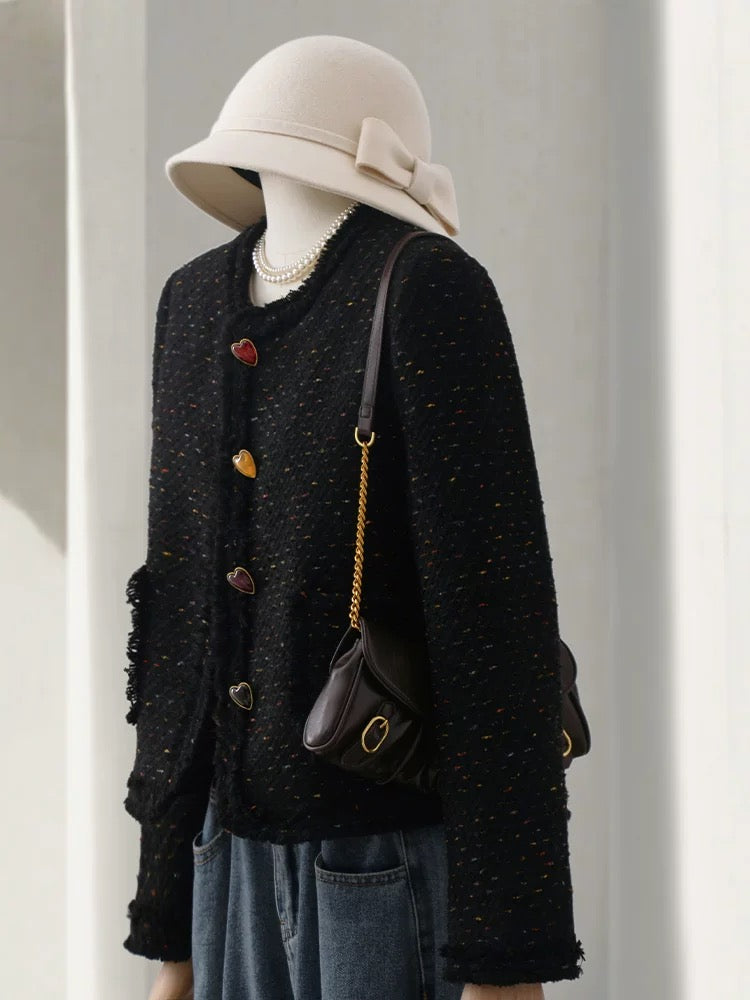 4U4U 2024 spring new style black small fragrant short coat for women French chic heart-shaped button tweed top