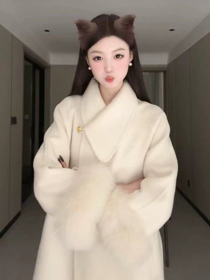 Large size lady style imitation fox fur cuff coat for women with high-end temperament lapel woolen coat autumn and winter