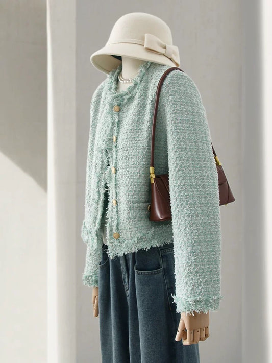 4U4U 2024 early spring new mint green tweed short coat women's raw edge high-end single-breasted top