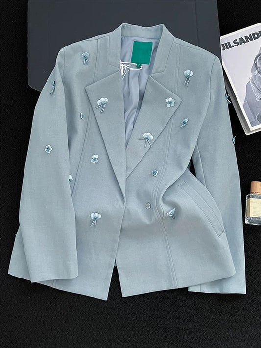 2025 Autumn New Style Women's Suit Jacket, Fashionable Double-Breasted Short Jacket with Floral Decoration, Elegant and Flattering Top