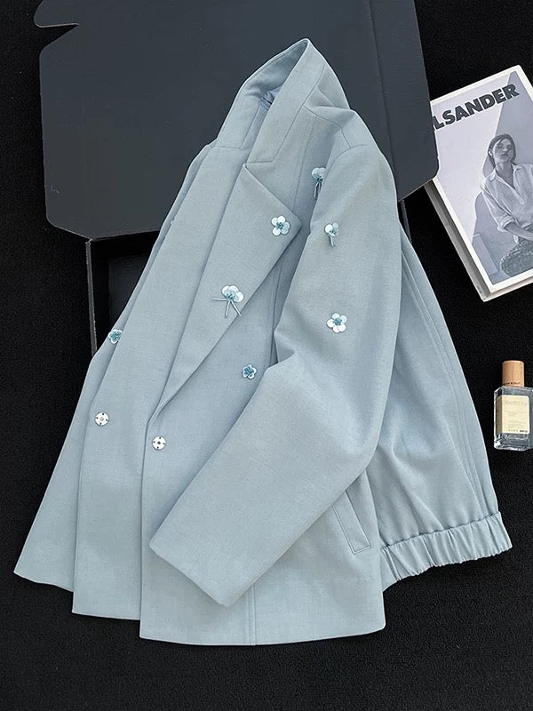 2025 Autumn New Style Women's Suit Jacket, Fashionable Double-Breasted Short Jacket with Floral Decoration, Elegant and Flattering Top