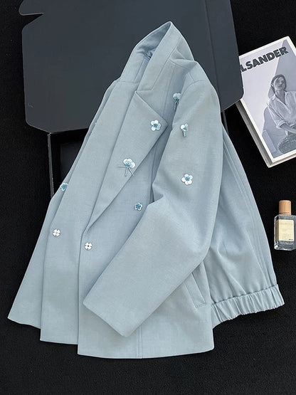 2025 Autumn New Style Women's Suit Jacket, Fashionable Double-Breasted Short Jacket with Floral Decoration, Elegant and Flattering Top