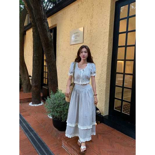 Mihuajia [Lemmon Manor] Striped U-neck short-sleeved top for women high-waisted French romantic skirt suit