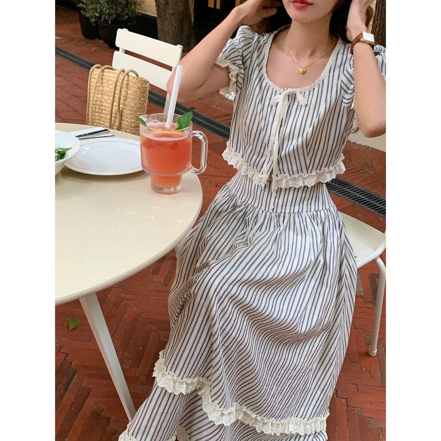 Mihuajia [Lemmon Manor] Striped U-neck short-sleeved top for women high-waisted French romantic skirt suit
