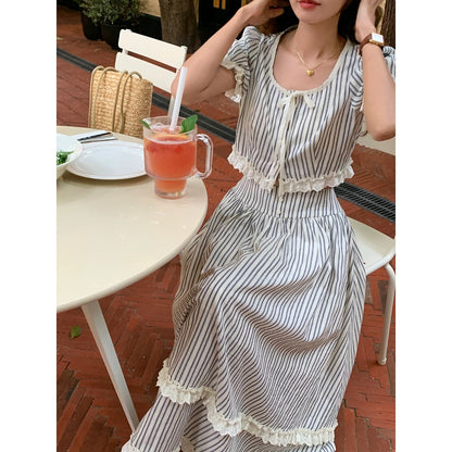 Mihuajia [Lemmon Manor] Striped U-neck short-sleeved top for women high-waisted French romantic skirt suit