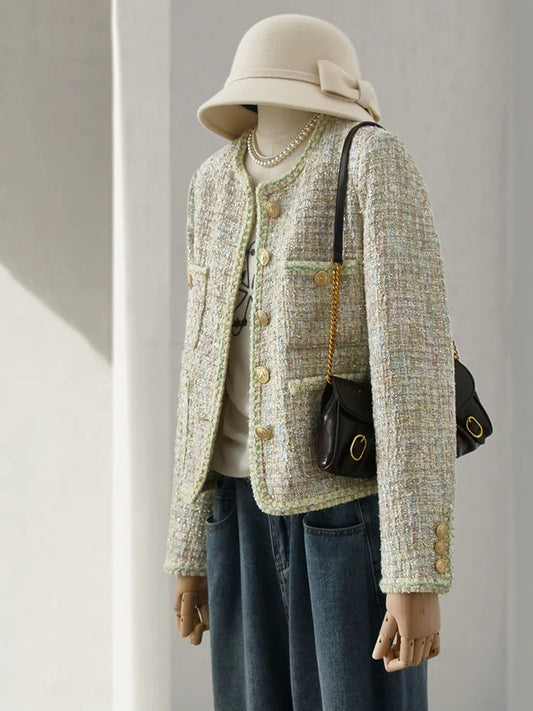 4U4U 2024 early spring new color green tweed short coat for women with light luxury temperament French style top