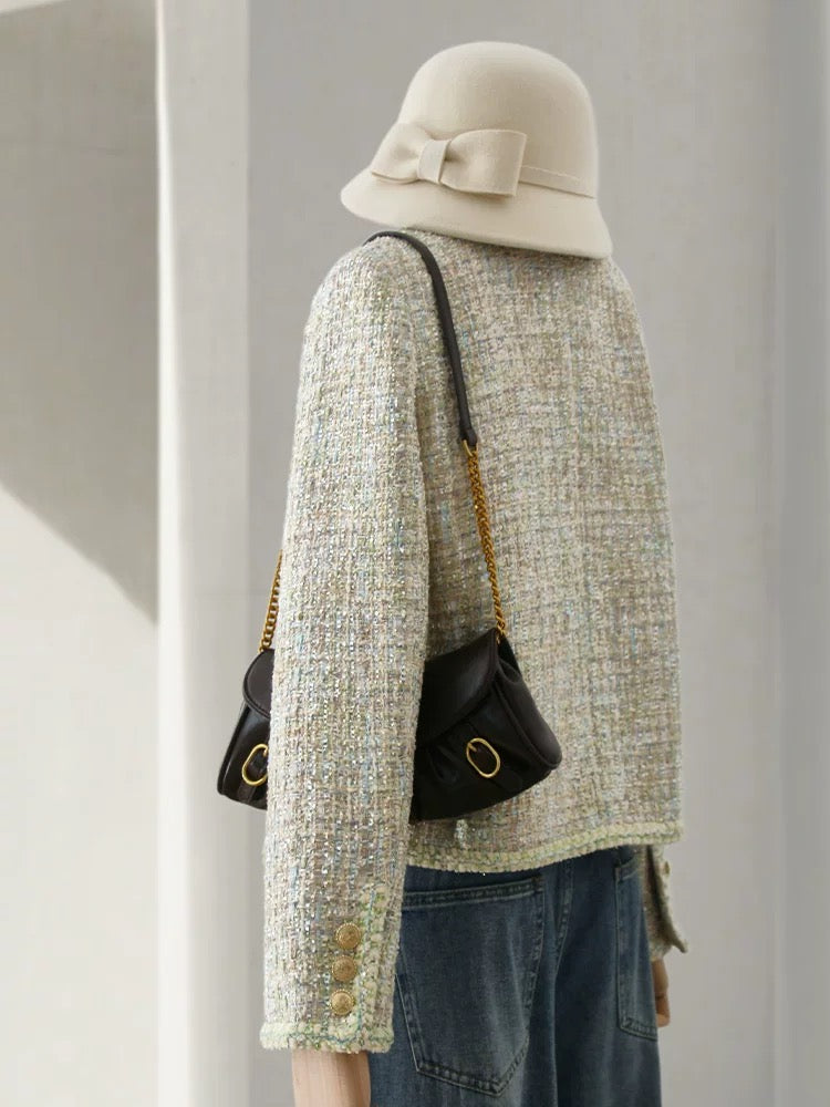 4U4U 2024 early spring new color green tweed short coat for women with light luxury temperament French style top