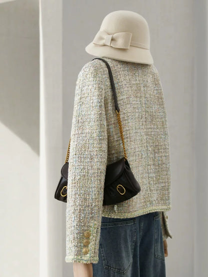 4U4U 2024 early spring new color green tweed short coat for women with light luxury temperament French style top