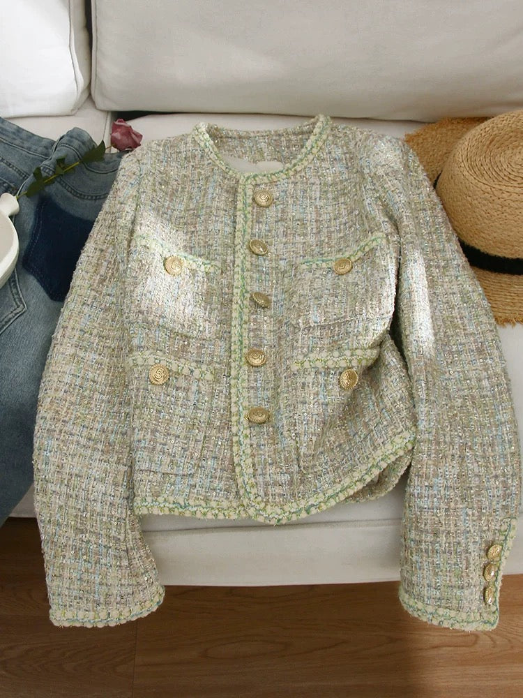 4U4U 2024 early spring new color green tweed short coat for women with light luxury temperament French style top