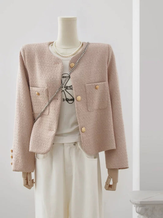 4U4U small fragrant style metal buckle pink short coat women's autumn new style light luxury celebrity temperament round neck long-sleeved top