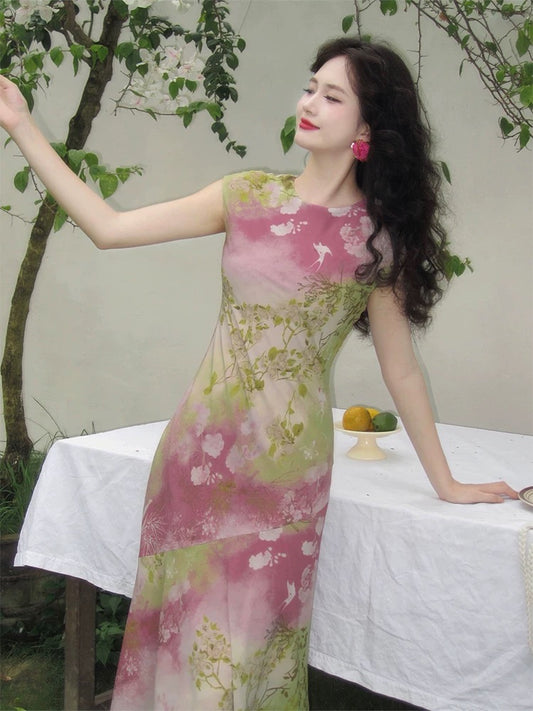 Haze Hezhi shoulder-wrapped round neck improved new Chinese style retro young style dress slimming temperament fishtail skirt