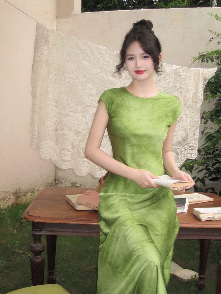Haze Hezhi shoulder-wrapped round neck improved new Chinese style retro young style dress slimming temperament fishtail skirt