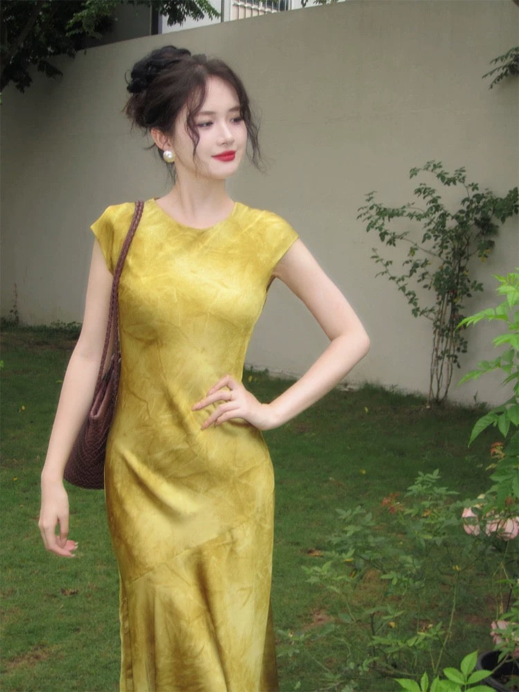 Haze Hezhi shoulder-wrapped round neck improved new Chinese style retro young style dress slimming temperament fishtail skirt