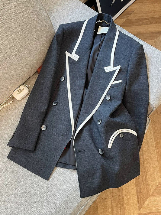 Korean-style vintage-inspired color-blocked trim blazer for women, 2025 autumn new style, mid-length, sophisticated and elegant top.