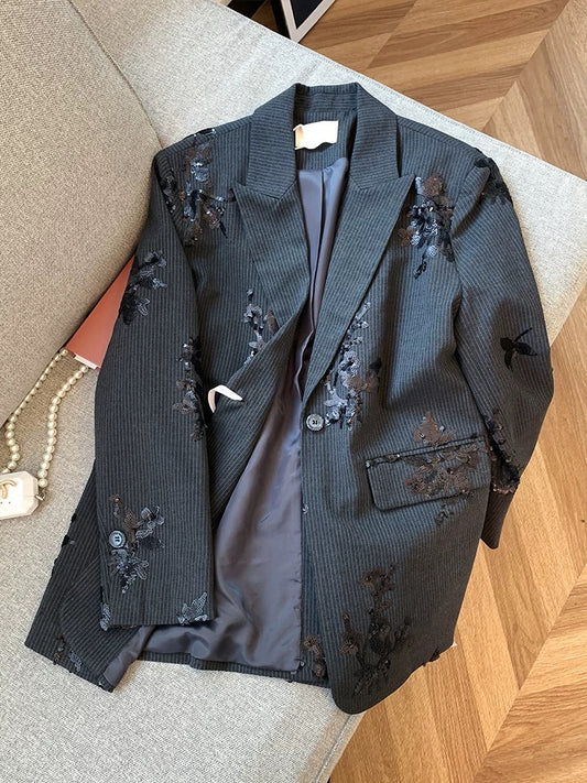 2025 Winter New French Retro Beaded Suit Jacket, High-End Design, Slimming Long-Sleeve Suit for Women