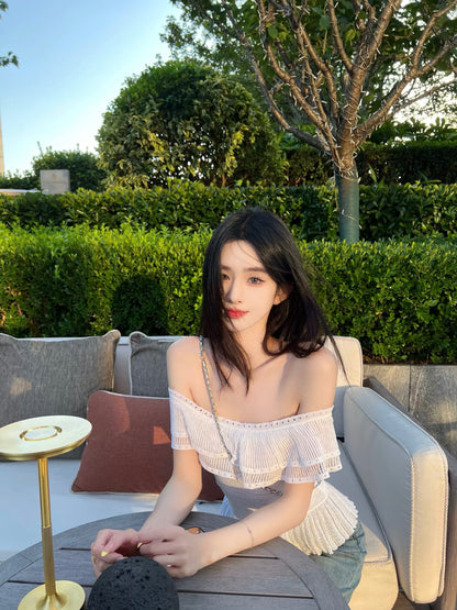 @uniken【Ethereal and Ethereal】Summer Pure and Alluring Off-Shoulder Slim Fit Top for Women