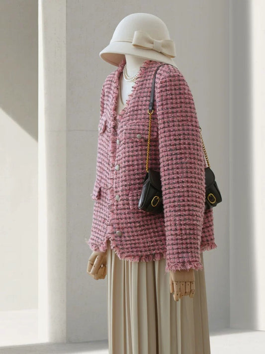 4U4U Autumn new pink plaid tweed short coat for women French style V-neck long-sleeved top
