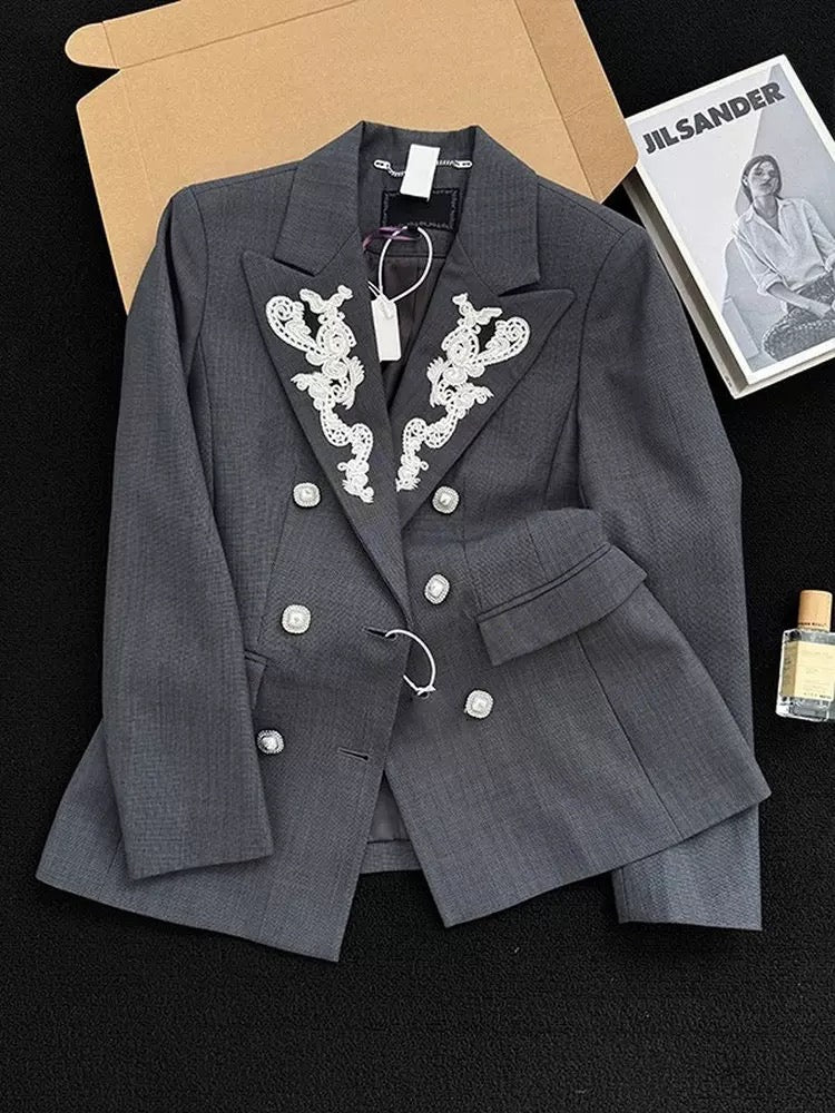2025 Autumn New Style Women's Suit Jacket with Unique Design, Double-Breasted Embroidered Lapel, Gray Top
