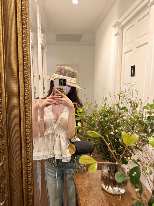 CHICYOU "Chl0*e Floral Lace" White Satin Ruffled Sweet V-Neck Tie-Up Vest for Women