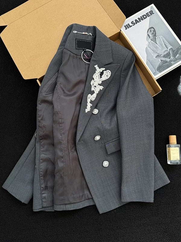2025 Autumn New Style Women's Suit Jacket with Unique Design, Double-Breasted Embroidered Lapel, Gray Top