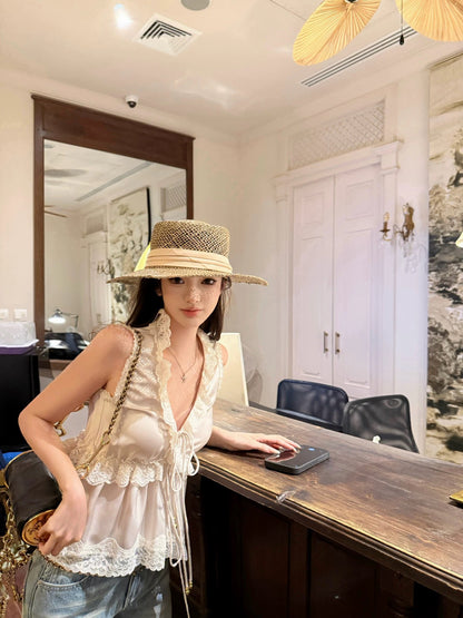 CHICYOU "Chl0*e Floral Lace" White Satin Ruffled Sweet V-Neck Tie-Up Vest for Women