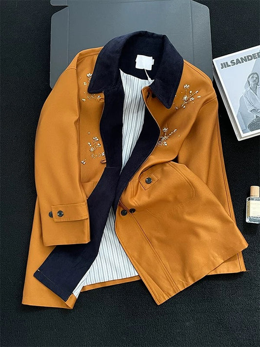 2025 Autumn New Retro Patchwork Collar Embroidered Jacket for Women, French Lazy Style, Loose Fit, Slimming, Versatile Jacket